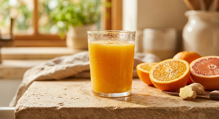 A glass of fresh cold-pressed citrus juice with orange and grapefruit.