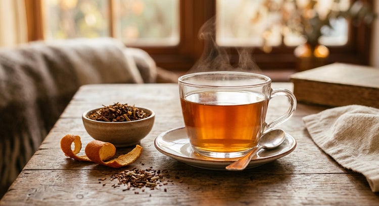 A glass cup of amber tea beside loose leaves in warm afternoon light.