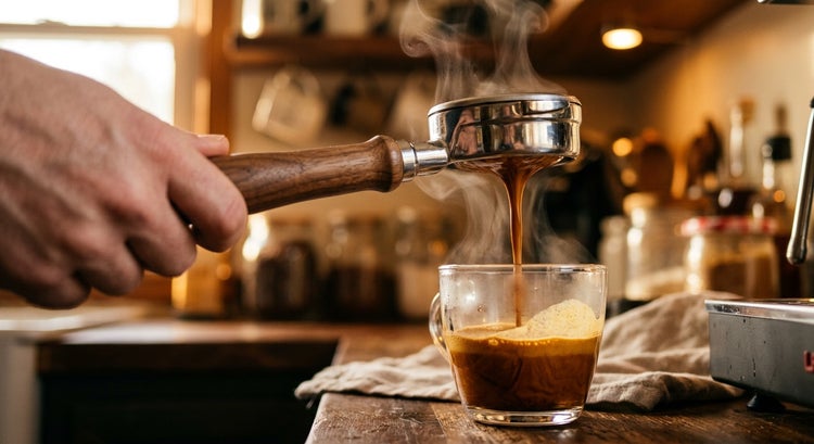 A double shot of espresso pouring into a warm glass.