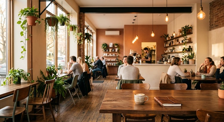 The warm interior of a Fréscopa Café at golden hour, with plants and wooden tables.